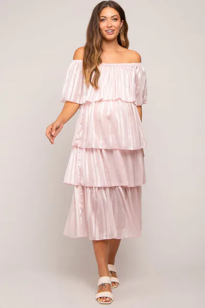 PinkBlush Light Pink Striped Layered Maternity Midi Dress