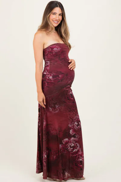 PinkBlush Burgundy Floral Strapless Maternity Maxi Dress