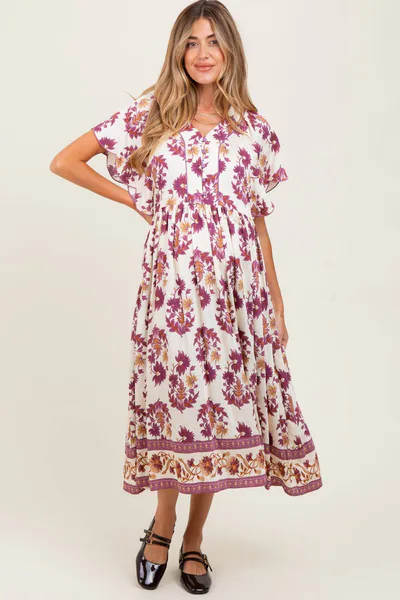 PinkBlush Plum Floral V-Neck Button Detail Maternity Mid Dress