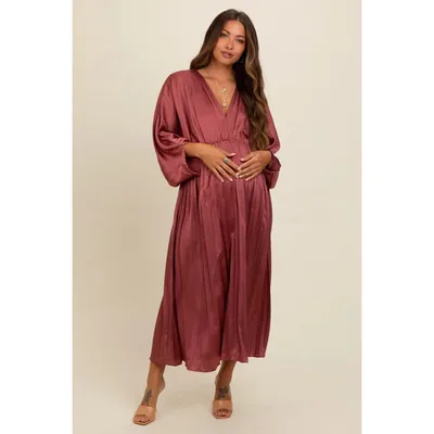 Target PinkBlush Mauve Satin Pleated V-Neck Maternity Maxi Dress Mauve Small
