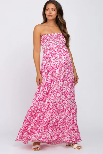 PinkBlush Magenta Floral Strapless Smocked Maternity Maxi Dress