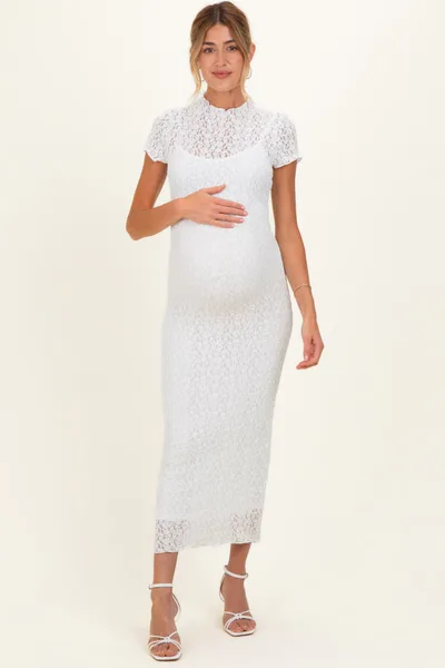 PinkBlush White Sheer Lace Overlay Short Sleeve Maternity Midi Dress