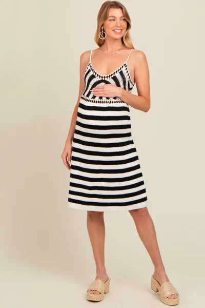 PinkBlush Ivory Crochet Striped Sleeveless Maternity Dress
