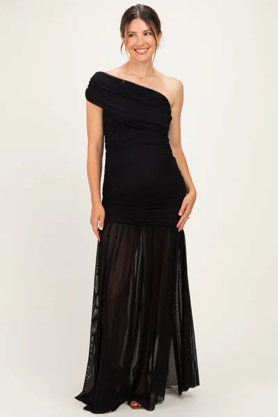 PinkBlush Black Ruched Mesh One Shoulder Maternity Maxi Dress