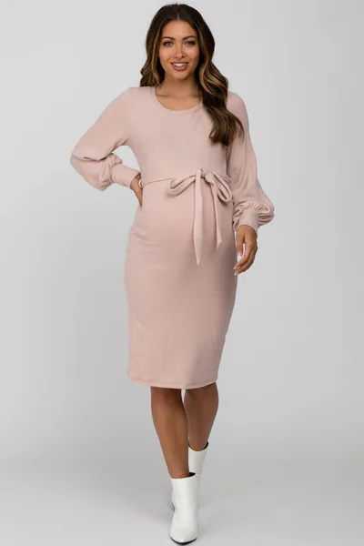 PinkBlush Pink Soft Brushed Waist Tie Bubble Sleeve Maternity Dress