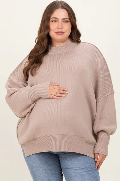 PinkBlush Beige Mock Neck Exposed Seam Maternity Sweater