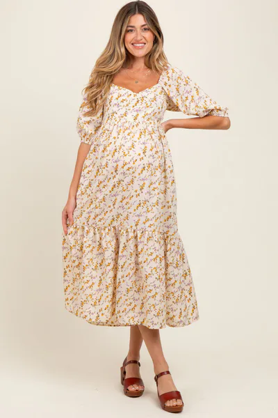 PinkBlush Cream Floral Sweetheart Puff Sleeve Maternity Midi Dress