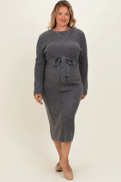 PinkBlush Charcoal Ribbed Tie Waist Maternity Plus Sweater Dress