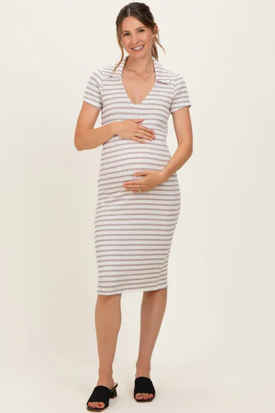 PinkBlush Cream/ Taupe Striped Short Sleeve Collared V-Neck Fitted Maternity Midi Dress