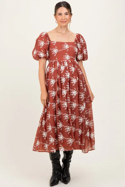 PinkBlush Rust Textured Maternity Midi Dress