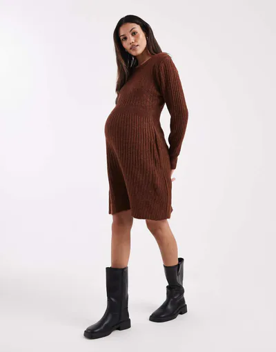 ASOS Mamalicious Maternity rib knit fit and flare mini dress in brown