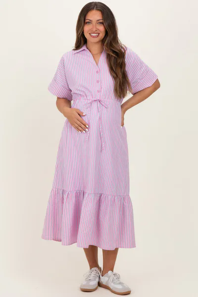 PinkBlush Pink Striped Button Collared Maternity Midi Dress
