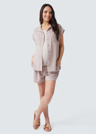 Ingrid & Isabel Breezy Linen Maternity Shirt Short Sleeve Button Up