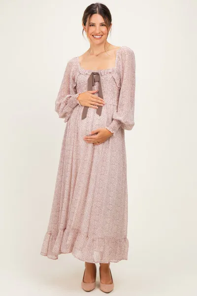 PinkBlush Primrose Brown Dot Smocked Ribbon Tie Ruffle Maternity Maxi Dress