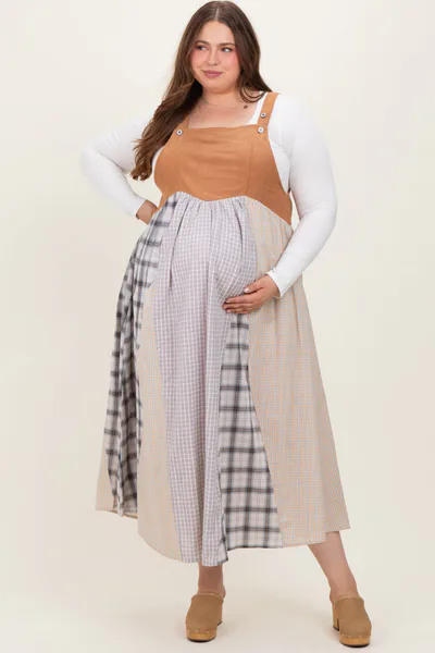 PinkBlush Mocha Multicolor Colorblock Plaid Denim Overall Plus Maternity Dress