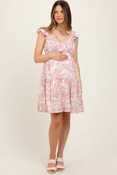 PinkBlush Pink Floral Ruffle Sleeve Tiered Maternity Mini Dress