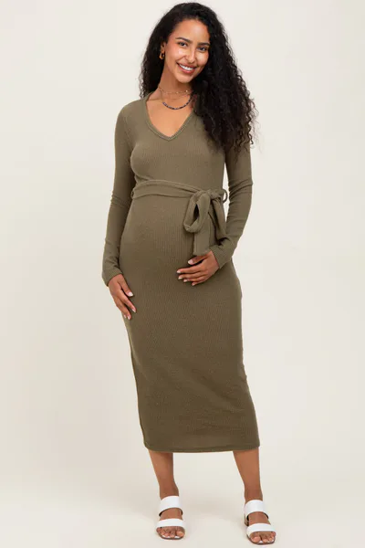 PinkBlush Light Olive Solid Brushed Rib Long Sleeve V-Neck Fitted Maternity Midi Dress