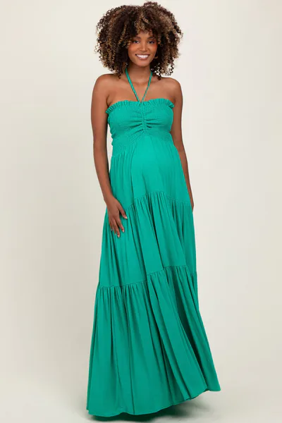 PinkBlush Green Smocked Halter Tiered Maternity Maxi Dress