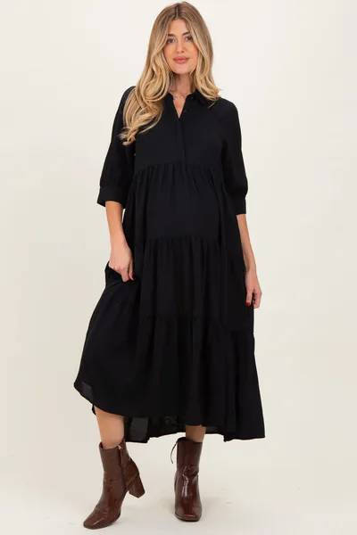PinkBlush Black Collared Button Up Tiered Maternity Midi Dress