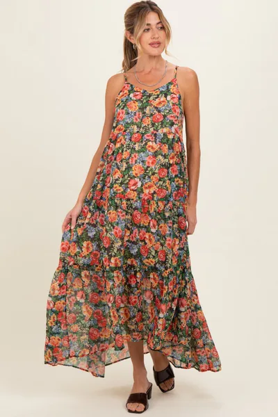 PinkBlush Black Floral Print V-Neck Tiered Maternity Maxi Dress