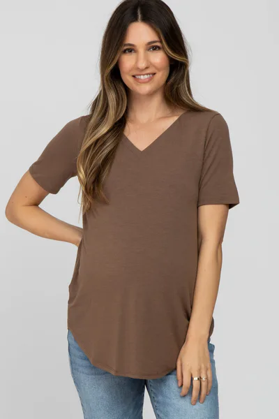 PinkBlush Brown V-Neck Short Sleeve Round Hem Top