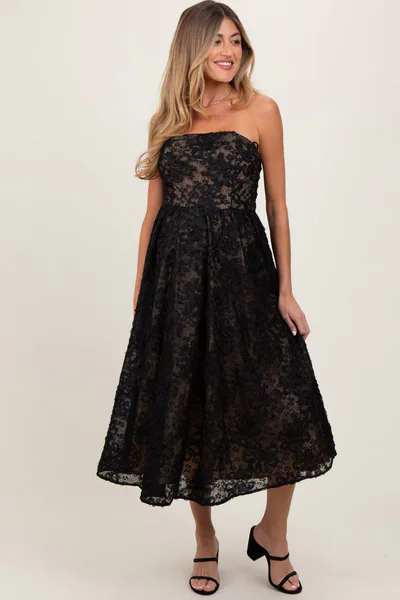 PinkBlush Black Floral Lace Embroidered Overlay Strapless Maternity Midi Dress