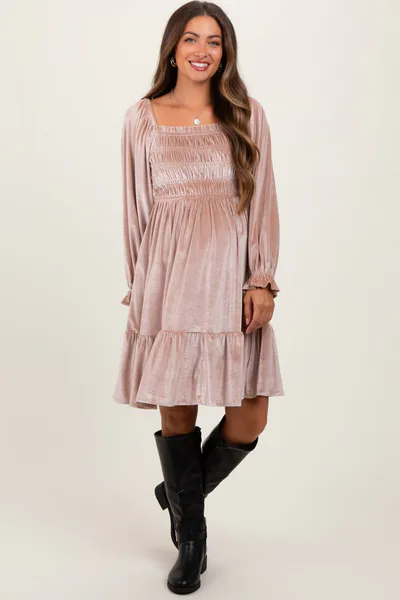PinkBlush Light Taupe Velvet Smocked Long Sleeve Maternity Dress