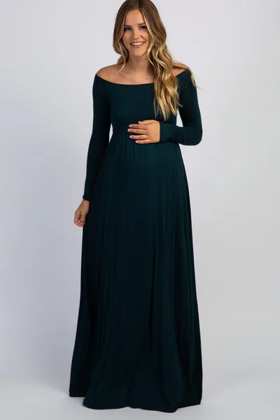 PinkBlush PinkBlush Forest Green Solid Off Shoulder Maternity Maxi Dress