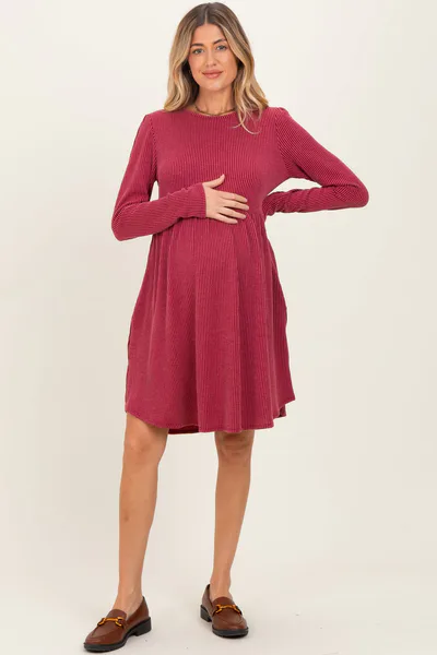 PinkBlush Dark Red Textured Rib Long Sleeve Maternity Dress