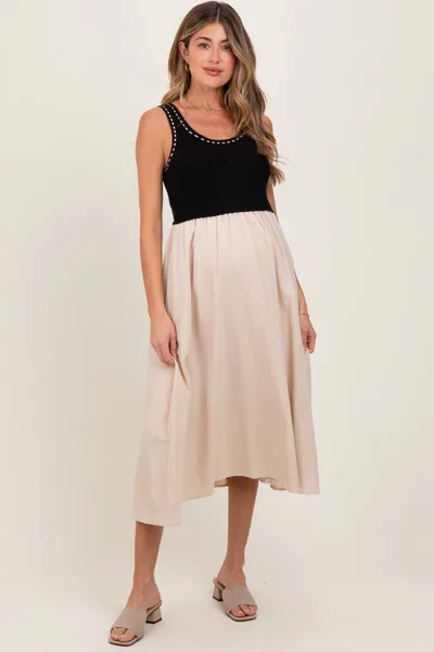 PinkBlush Black Ribbed Top Contrast Sleeveless Maternity Midi Dress