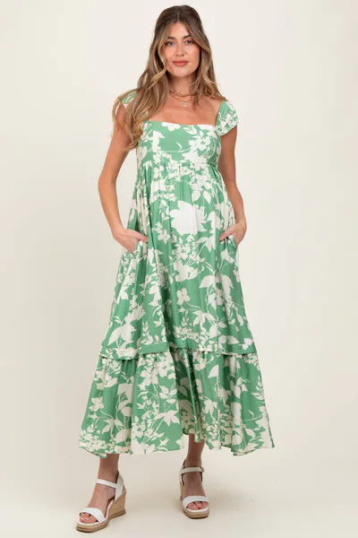 PinkBlush Mint Green Floral Square Neck Maternity Midi Dress