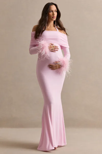 Club L London Desirae | Light Pink Halter-Neck Maternity Maxi Dress