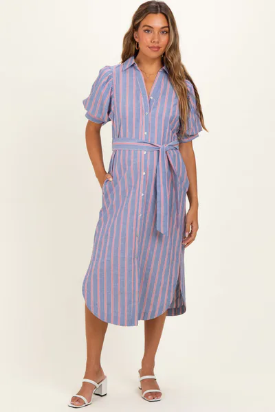 PinkBlush Blue Striped Puff Sleeve Maternity Midi Shirt Dress