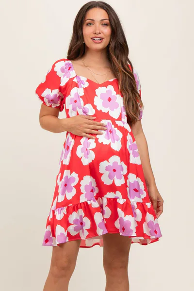 PinkBlush Red Floral Ruffle Hem Maternity Dress