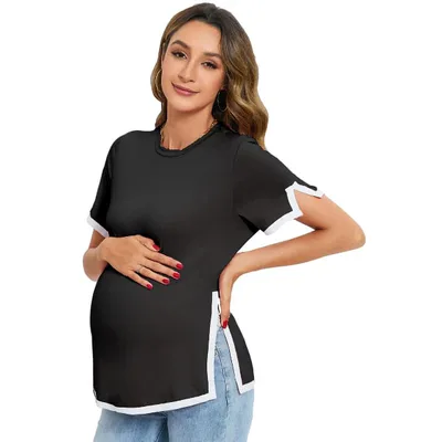 Target Maternity Tops Women's Maternity Shirts Color Block Split Hem Tunic Tops Pregnancy Clothes for Women Black 2XL