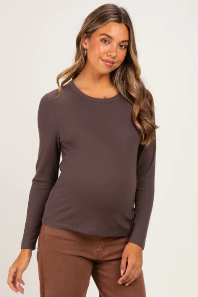 PinkBlush Brown Fitted Ribbed Maternity Long Sleeve