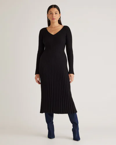 Quince Cotton Cashmere Ribbed Long Sleeve V-Neck Midi Dress