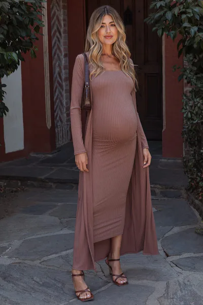PinkBlush Mocha Ribbed Sleeveless Dress Cardigan Maternity Set