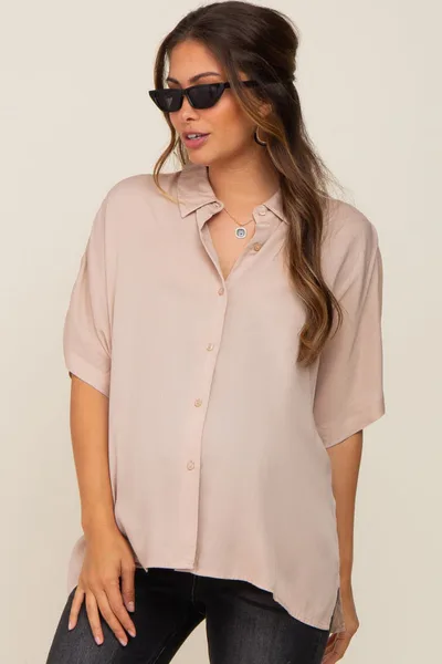 PinkBlush Taupe Button Up Dolman Short Sleeve Maternity Top