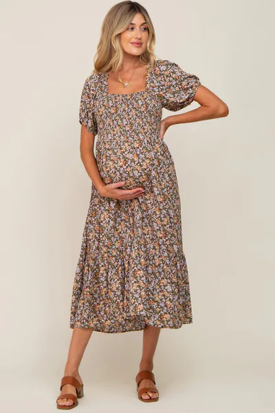 PinkBlush Mocha Floral Smocked Puff Sleeve Maternity Midi Dress