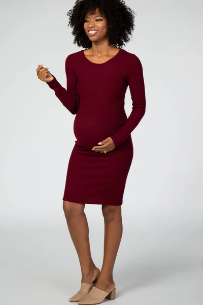 PinkBlush Burgundy Knit Long Sleeve Maternity Sweater Dress