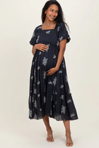 PinkBlush Navy Floral Embroidered Puff Sleeve Maternity Midi Dress