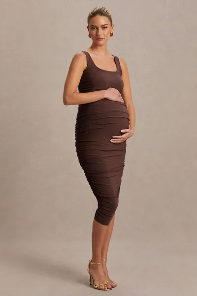 Club L London Lisbon | Brown Maternity Square Neck Ruched Midi Dress