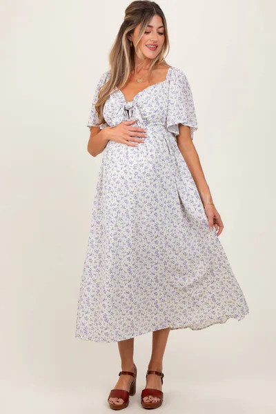 PinkBlush Lavender Floral Front Tie Maternity Midi Dress