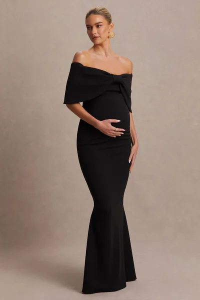 Club L London Libra | Black Bow Bardot Maternity Maxi Dress