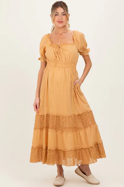 PinkBlush Gold Lace Contrast Paneled Maternity Maxi Dress