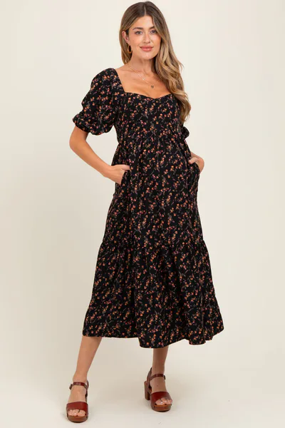 PinkBlush Black Floral Sweetheart Puff Sleeve Maternity Midi Dress