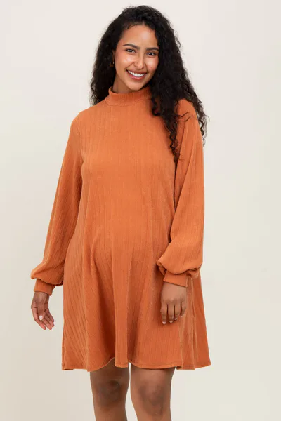 PinkBlush Camel Ribbed Mock Neck Bubble Sleeve Maternity Dress