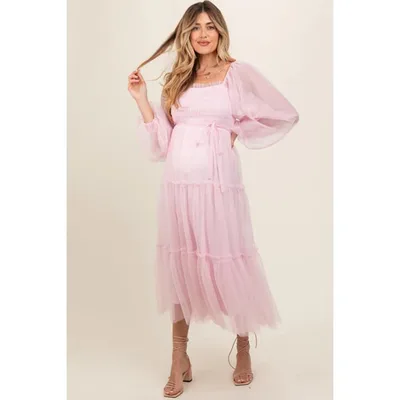 Target Pinkblush Pink Mesh Tiered Long Sleeve Maternity Maxi Dress Large