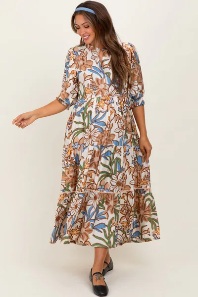 PinkBlush Beige Floral Tiered Short Sleeve Maternity Midi Dress